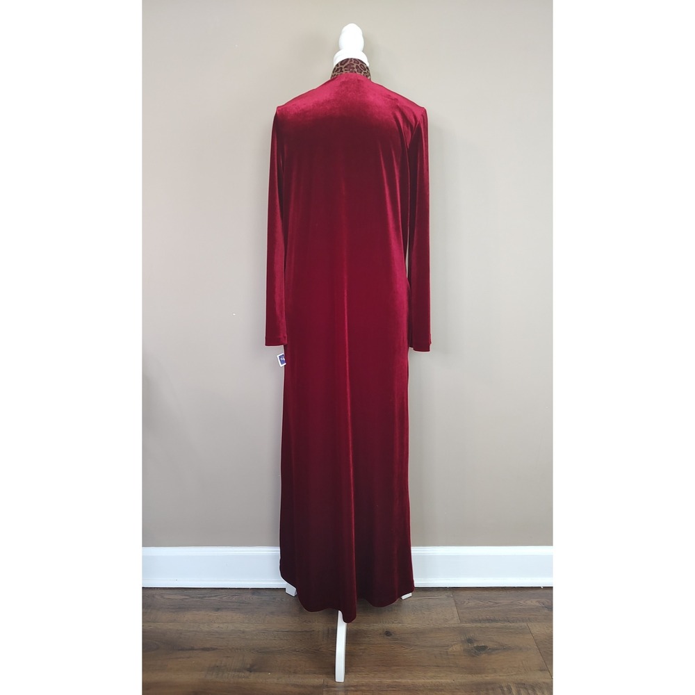 Diamond Tea Red Velvet Leopard Trim Maxi‎ Robe Zipper Front Lounge Dress Small